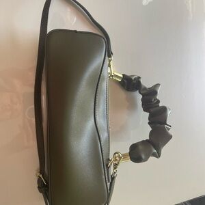 Green Shoulder Bag with Gold Hardware and Ruched Handle